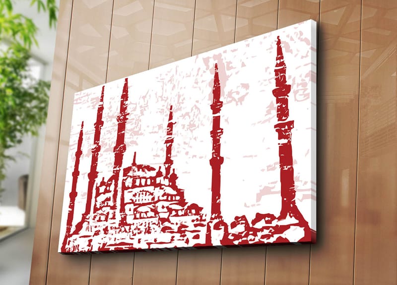 Lærred 70x100 cm - Silhuet af en moské med flere minareter i et stiliseret design - Rød / Lys pink - Boligtilbehør - Billeder & kunst - Billeder på lærred