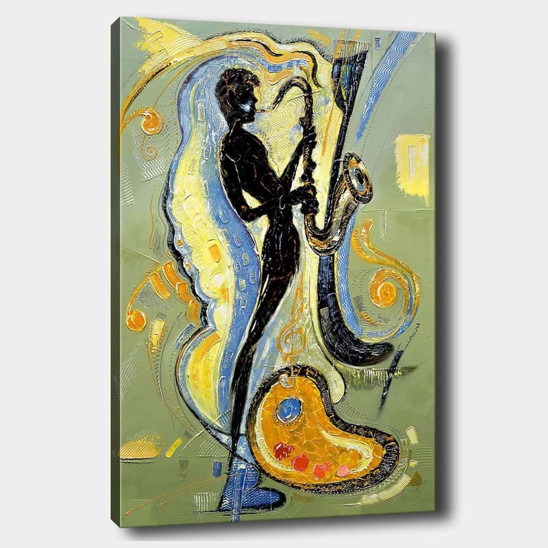 Lærred 70x100 cm - Silhuet af en saxofonist omgivet af musikalske elementer og farverige mønstre - Sort / Guld / Blå - Boligtilbehør - Billeder & kunst - Billeder på lærred