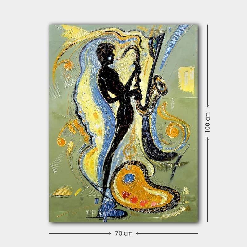 Lærred 70x100 cm - Silhuet af en saxofonist omgivet af musikalske elementer og farverige mønstre - Sort / Guld / Blå - Boligtilbehør - Billeder & kunst - Billeder på lærred