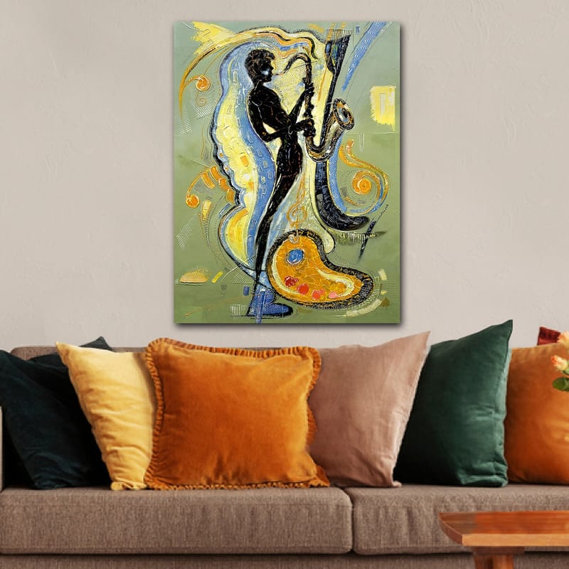 Lærred 70x100 cm - Silhuet af en saxofonist omgivet af musikalske elementer og farverige mønstre - Sort / Guld / Blå - Boligtilbehør - Billeder & kunst - Billeder på lærred