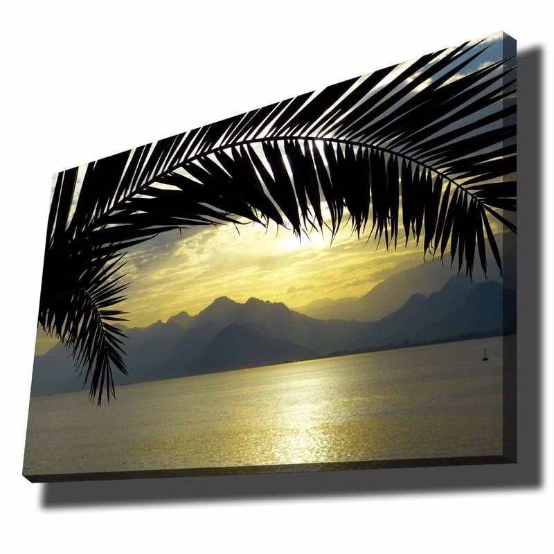 Lærred 70x100 cm - Silhuet af palmer mod en gylden solnedgang over bjergene og havet, Sort / Guld / Grå