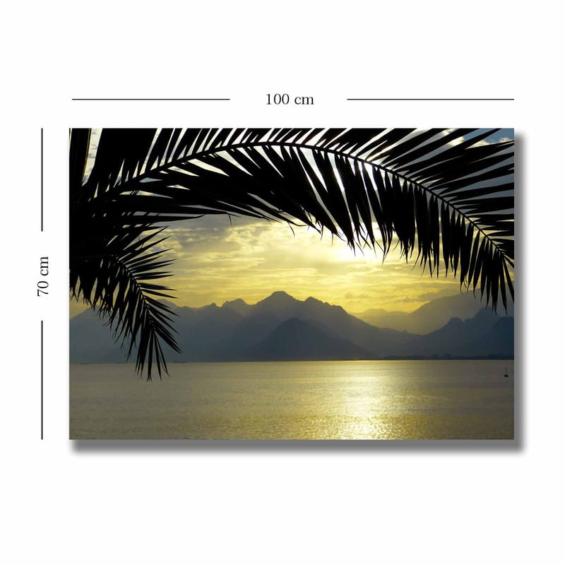 Lærred 70x100 cm - Silhuet af palmer mod en gylden solnedgang over bjergene og havet - Sort / Guld / Grå - Boligtilbehør - Billeder & kunst - Billeder på lærred