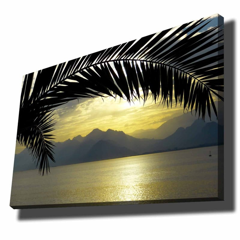 Lærred 70x100 cm - Silhuet af palmer mod en gylden solnedgang over bjergene og havet, Sort / Guld / Grå