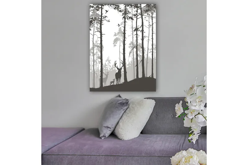 Lærred 70x100 cm - Silhuetter af hjorte i skovmiljø, Sort / Grå / Hvid