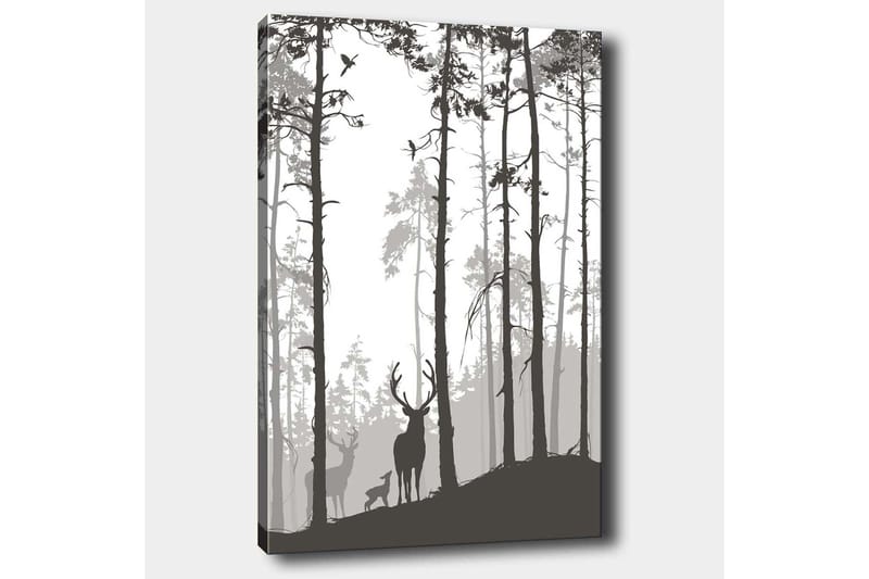 Lærred 70x100 cm - Silhuetter af hjorte i skovmiljø - Sort / Grå / Hvid - Boligtilbehør - Billeder & kunst - Billeder på lærred