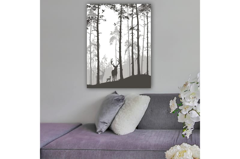 Lærred 70x100 cm - Silhuetter af hjorte i skovmiljø, Sort / Grå / Hvid