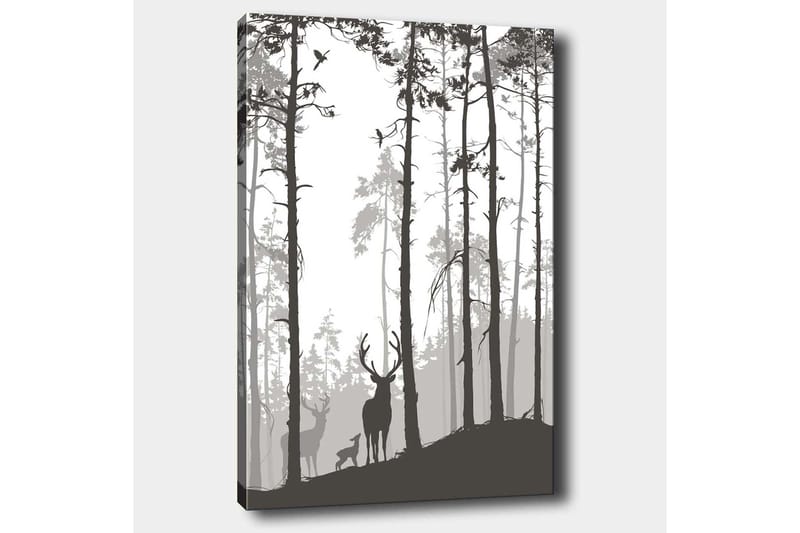 Lærred 70x100 cm - Silhuetter af hjorte i skovmiljø - Sort / Grå / Hvid - Boligtilbehør - Billeder & kunst - Billeder på lærred