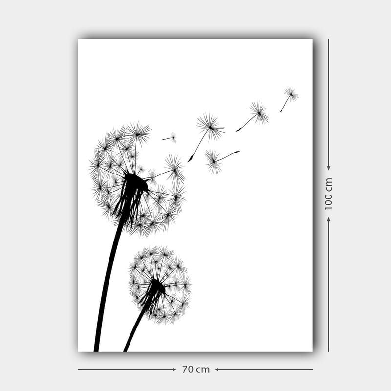 Lærred 70x100 cm - Silhuetter af mælkebøtter, der spreder deres frø i vinden - Sort / Hvid - Boligtilbehør - Billeder & kunst - Billeder på lærred