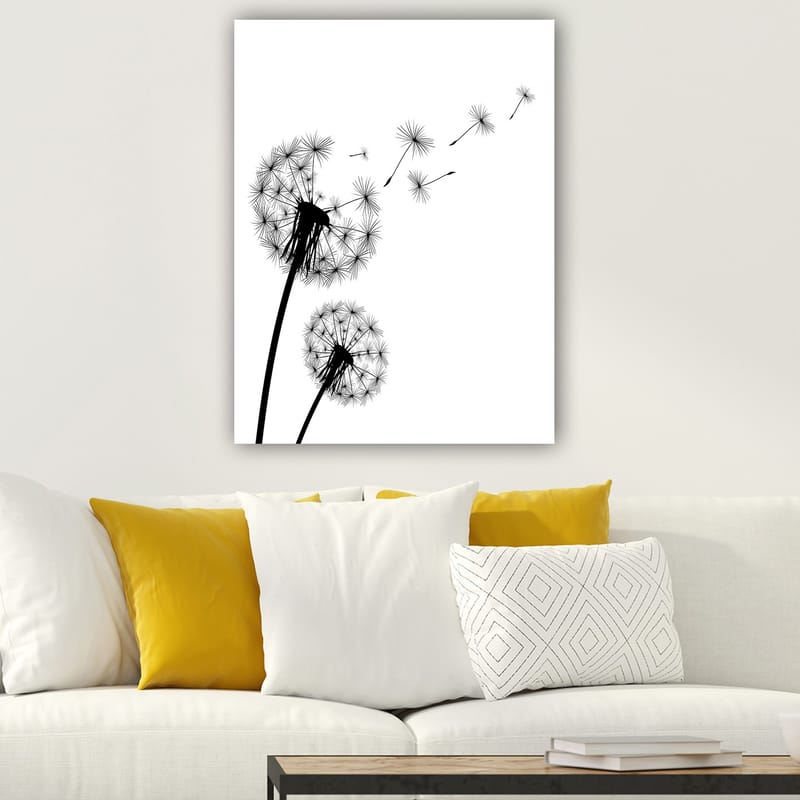 Lærred 70x100 cm - Silhuetter af mælkebøtter, der spreder deres frø i vinden - Sort / Hvid - Boligtilbehør - Billeder & kunst - Billeder på lærred