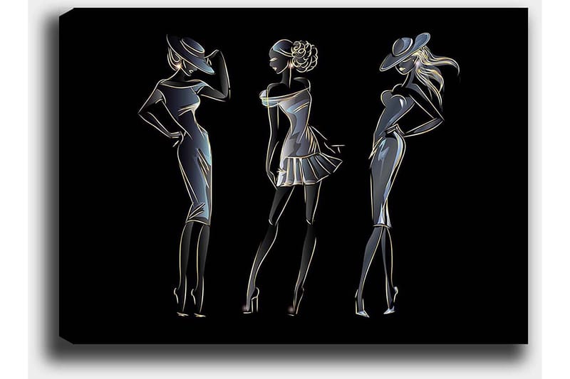 Lærred 70x100 cm - Silhuetter af tre elegante kvinder i modetøj - Sort / Guld / Hvid - Boligtilbehør - Billeder & kunst - Billeder på lærred