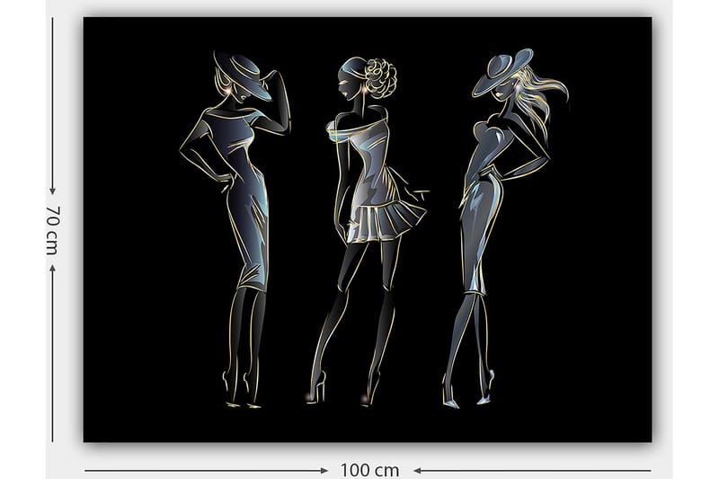Lærred 70x100 cm - Silhuetter af tre elegante kvinder i modetøj - Sort / Guld / Hvid - Boligtilbehør - Billeder & kunst - Billeder på lærred