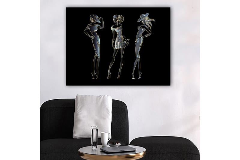 Lærred 70x100 cm - Silhuetter af tre elegante kvinder i modetøj, Sort / Guld / Hvid