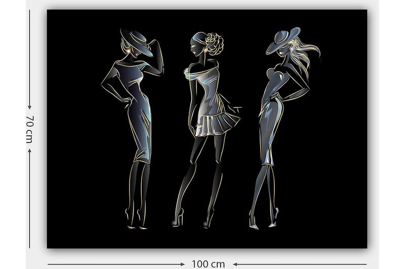 Lærred 70x100 cm - Silhuetter af tre elegante kvinder i modetøj - Sort / Guld / Hvid - Boligtilbehør - Billeder & kunst - Billeder på lærred