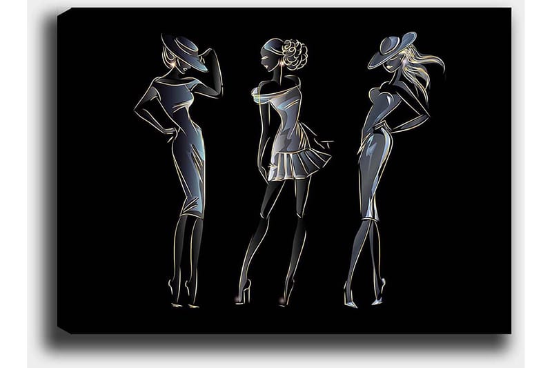 Lærred 70x100 cm - Silhuetter af tre elegante kvinder i modetøj - Sort / Guld / Hvid - Boligtilbehør - Billeder & kunst - Billeder på lærred