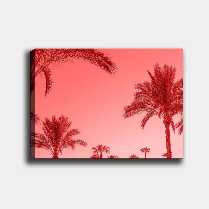 Lærred 70x100 cm - Silhuetter af palmer mod en rødlig himmel, Rød / Lyserød