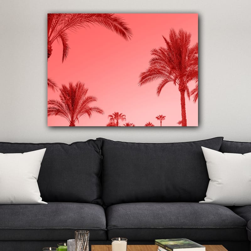 Lærred 70x100 cm - Silhuetter af palmer mod en rødlig himmel - Rød / Lyserød - Boligtilbehør - Billeder & kunst - Billeder på lærred