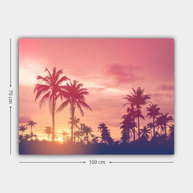 Lærred 70x100 cm - Silhuetter af palmer mod en farverig solnedgang - Lyserød / Lilla / Sort - Boligtilbehør - Billeder & kunst - Billeder på lærred