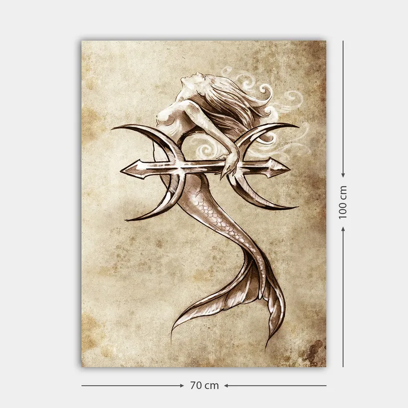 Lærred 70x100 cm - Sirene holder en trefork og rækker ud mod himlen - Beige / Brun / Hvid - Boligtilbehør - Billeder & kunst - Billeder på lærred