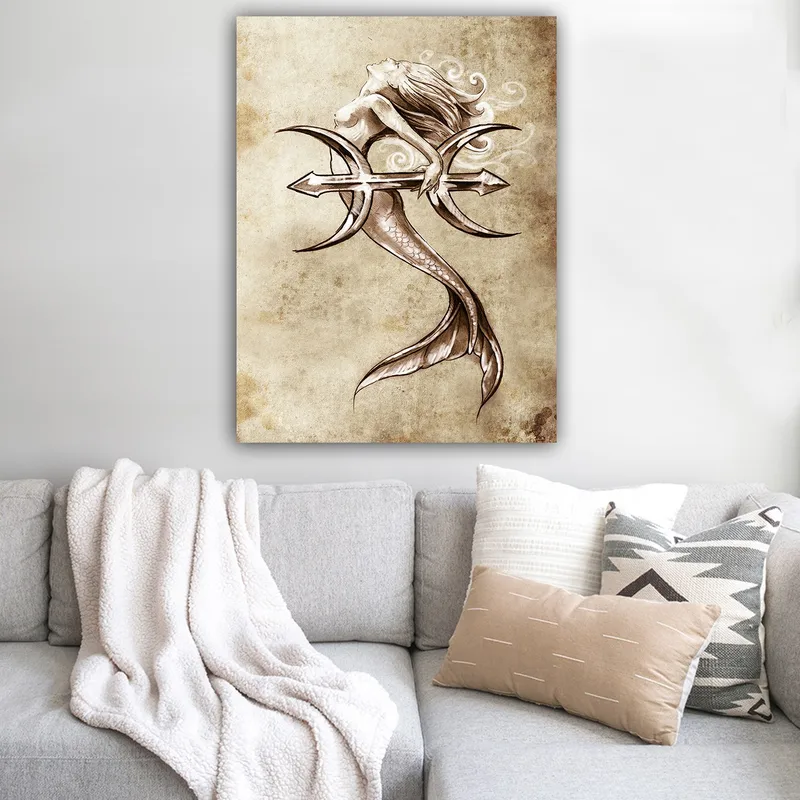 Lærred 70x100 cm - Sirene holder en trefork og rækker ud mod himlen - Beige / Brun / Hvid - Boligtilbehør - Billeder & kunst - Billeder på lærred