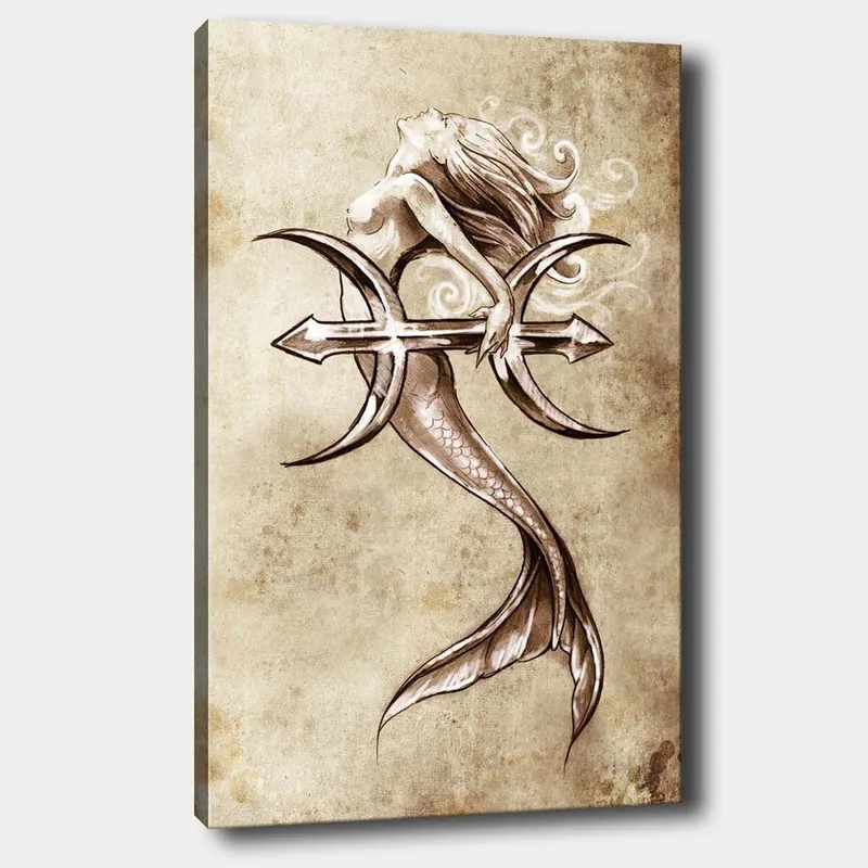 Lærred 70x100 cm - Sirene holder en trefork og rækker ud mod himlen, Beige / Brun / Hvid