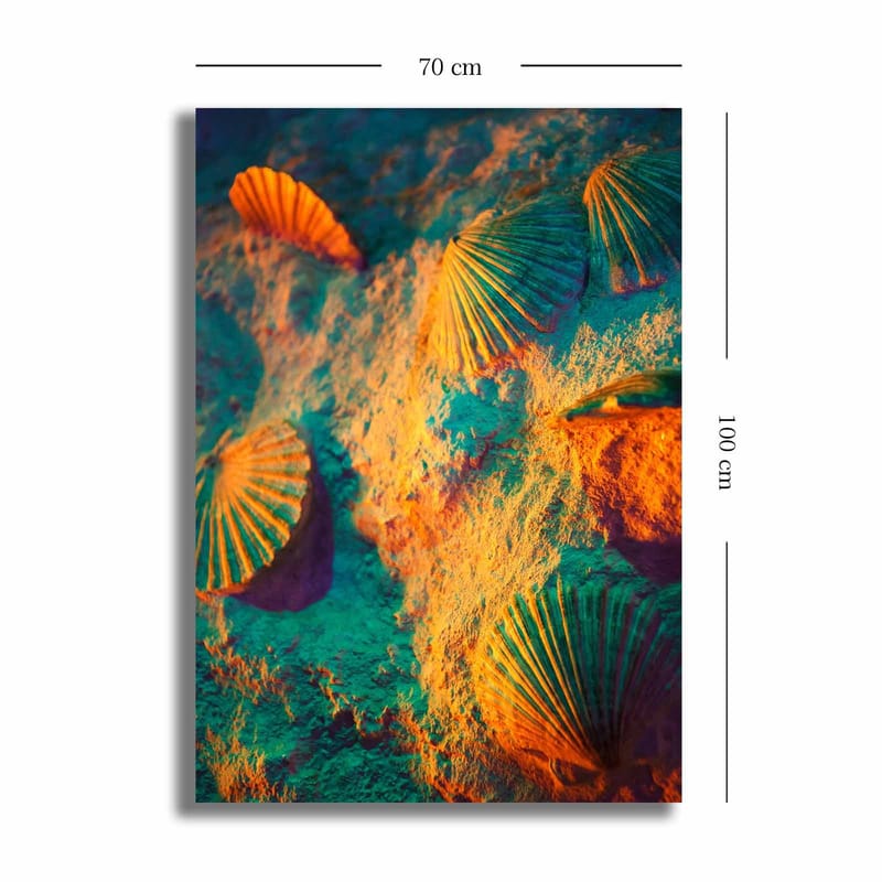 Lærred 70x100 cm - Skaldyr på sand med en farverig og drømmende baggrund - Turkis / Orange / Lilla - Boligtilbehør - Billeder & kunst - Billeder på lærred