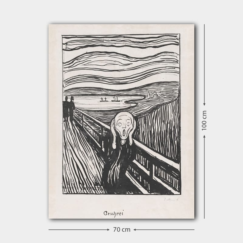 Lærred 70x100 cm - Skrigende figur står på en bro med en dramatisk baggrund af hvirvlende linjer og en mørk himmel - Sort / Hvid / Grå - Boligtilbehør - Billeder & kunst - Billeder på lærred