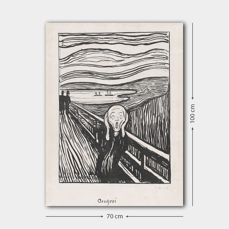 Lærred 70x100 cm - Skrigende figur står på en bro med en dramatisk baggrund af hvirvlende linjer og en mørk himmel - Sort / Hvid / Grå - Boligtilbehør - Billeder & kunst - Billeder på lærred