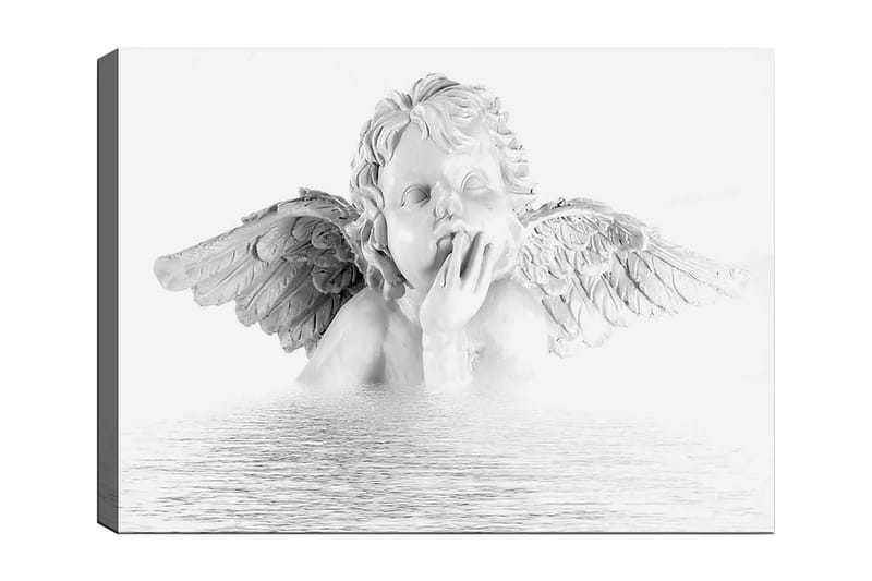 Lærred 70x100 cm - Skulptur af en engel med vinger, der sidder i en eftertænksom positur, Hvid / Grå