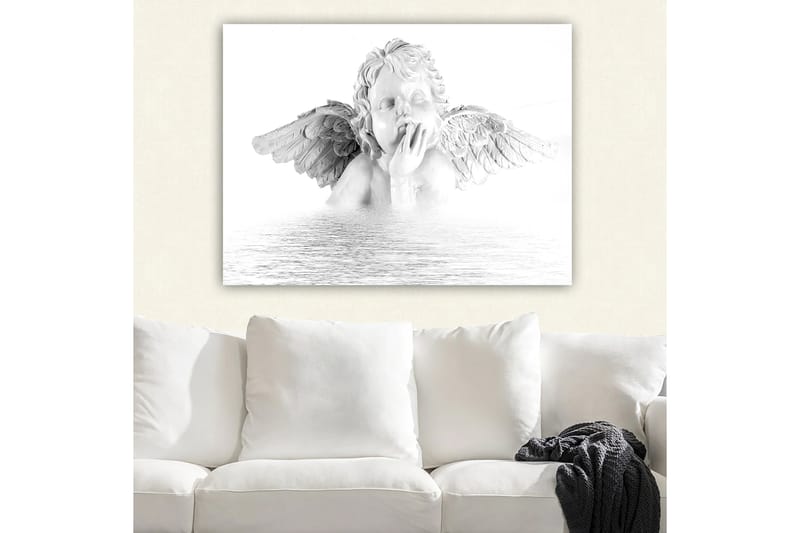 Lærred 70x100 cm - Skulptur af en engel med vinger, der sidder i en eftertænksom positur - Hvid / Grå - Boligtilbehør - Billeder & kunst - Billeder på lærred