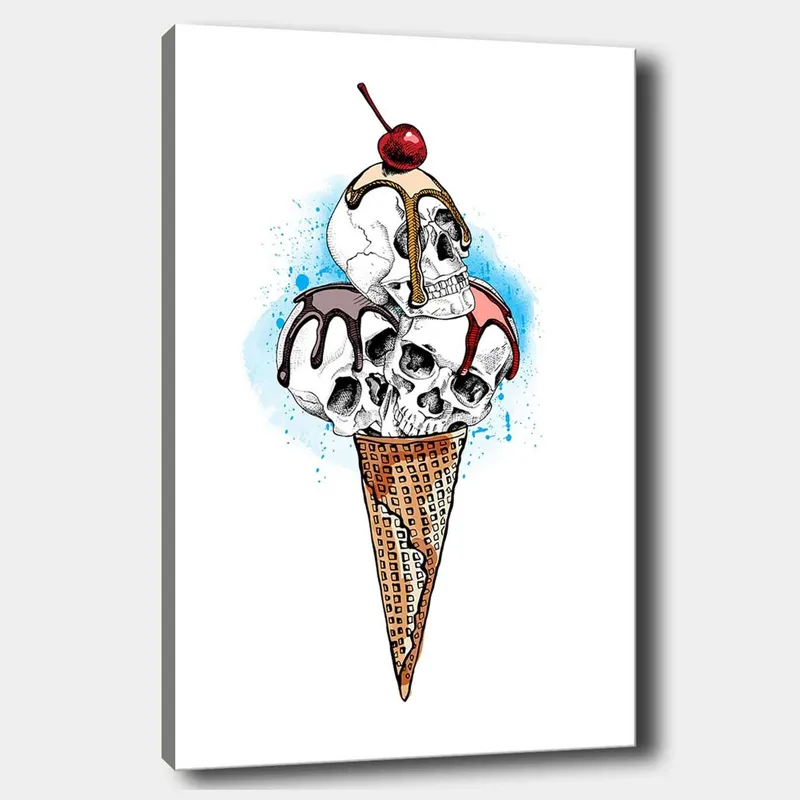 Lærred 70x100 cm - Skulptur af en is med kranier toppet med et kirsebær, Hvid / Brun / Rød