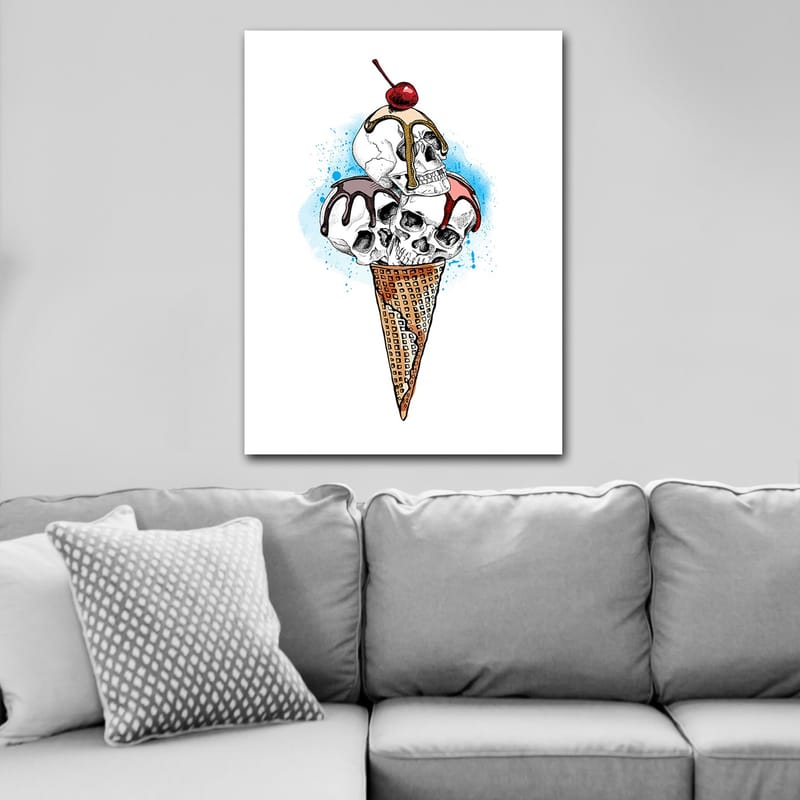 Lærred 70x100 cm - Skulptur af en is med kranier toppet med et kirsebær - Hvid / Brun / Rød - Boligtilbehør - Billeder & kunst - Billeder på lærred
