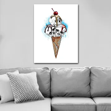Lærred 70x100 cm - Skulptur af en is med kranier toppet med et kirsebær - Hvid / Brun / Rød - Boligtilbehør - Billeder & kunst - Billeder på lærred