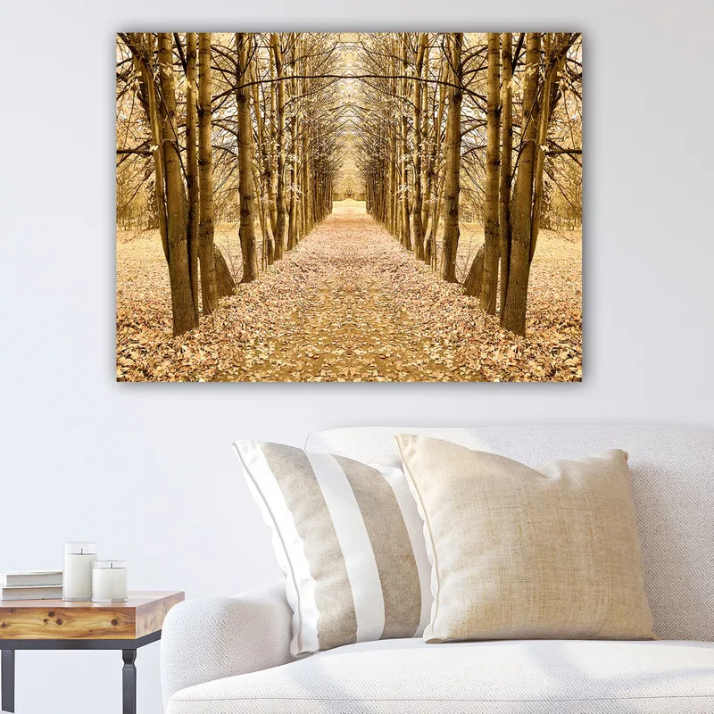 Lærred 70x100 cm - Smuk allé med træer i efterårsfarver, der fører mod et fjernt punkt, Guld / Brun / Beige