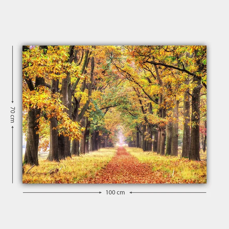Lærred 70x100 cm - Smuk allé omgivet af efterårsfarvede træer, der fører mod en lysere horisont - Gyldenorange / Grøn / Brun - Boligtilbehør - Billeder & kunst - Billeder på lærred