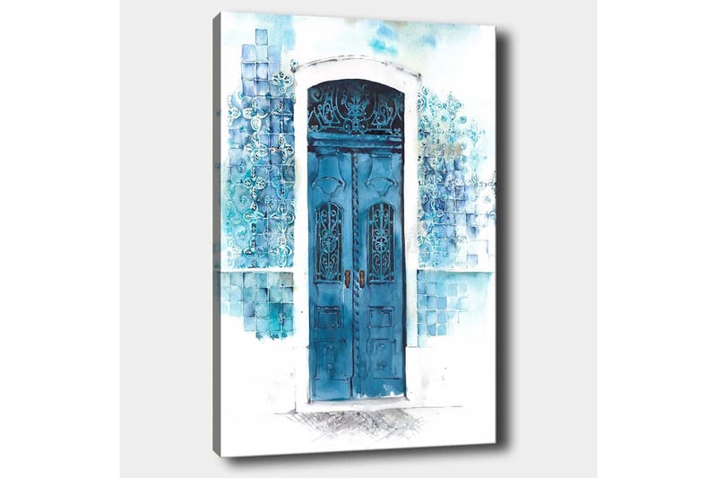 Lærred 70x100 cm - Smuk blå dør omgivet af bløde nuancer af blå og hvid - Blå / Lyseblå / Hvid - Boligtilbehør - Billeder & kunst - Billeder på lærred