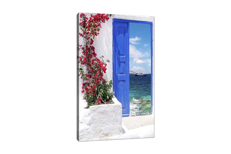 Lærred 70x100 cm - Smuk blå dør omgivet af blomster i rødt, der fører ud til en havudsigt, Blå / Rød / Grøn