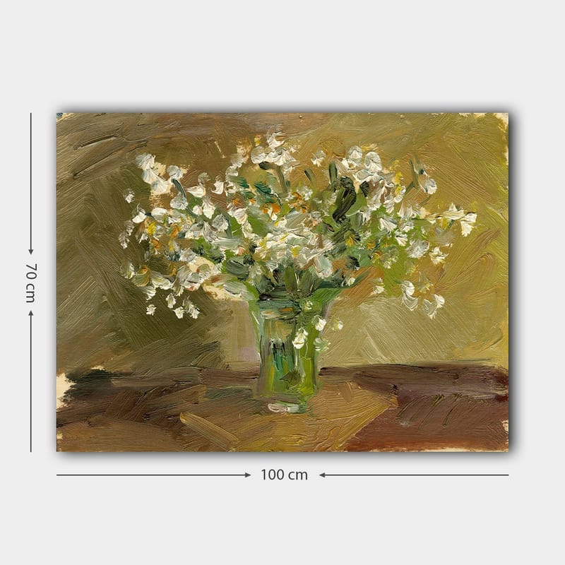 Lærred 70x100 cm - Smuk blomsterbuket i en glasvase - Hvid / Grøn / Brun - Boligtilbehør - Billeder & kunst - Billeder på lærred