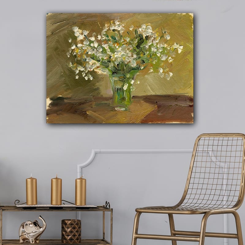 Lærred 70x100 cm - Smuk blomsterbuket i en glasvase - Hvid / Grøn / Brun - Boligtilbehør - Billeder & kunst - Billeder på lærred
