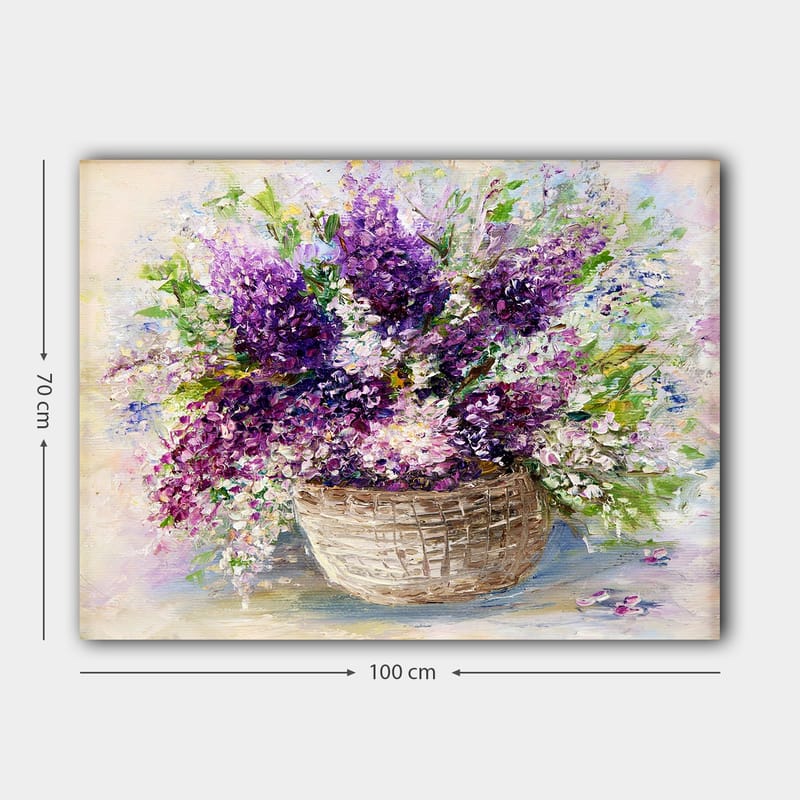 Lærred 70x100 cm - Smuk blomsterbuket i en kurv med lilla og hvide blomster - Lilla / Hvid / Grøn - Boligtilbehør - Billeder & kunst - Billeder på lærred