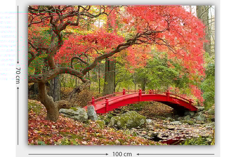 Lærred 70x100 cm - Smuk bro i rød omgivet af efterårsfarvede træer og blade - Rød / Grøn / Brun - Boligtilbehør - Billeder & kunst - Billeder på lærred
