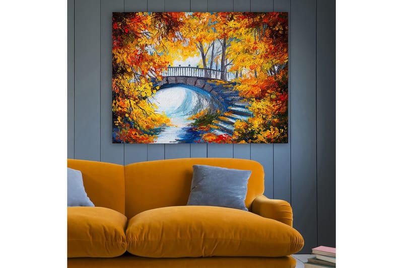 Lærred 70x100 cm - Smuk bro omgivet af efterårsfarvede træer og blade - Orange / Gul / Blå - Boligtilbehør - Billeder & kunst - Billeder på lærred