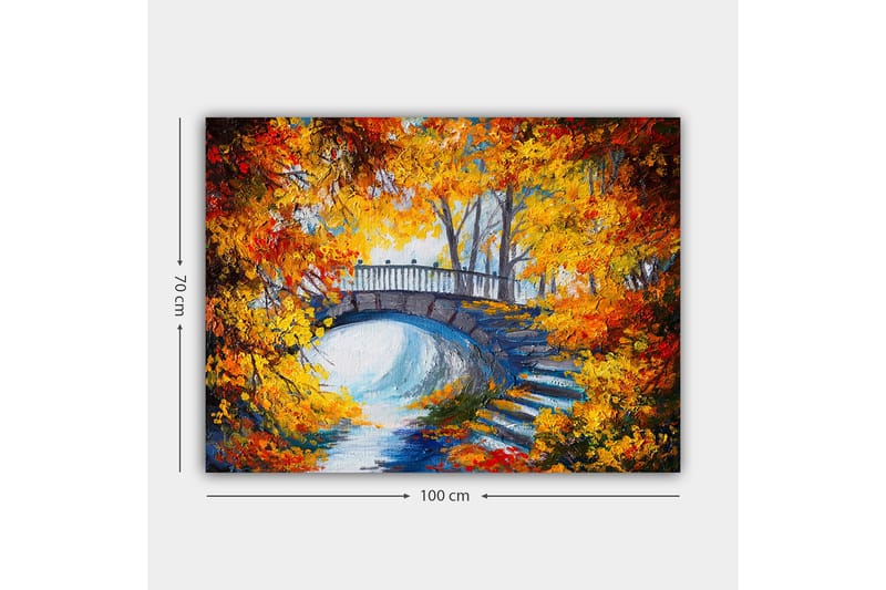 Lærred 70x100 cm - Smuk bro omgivet af efterårsfarvede træer og blade - Orange / Gul / Blå - Boligtilbehør - Billeder & kunst - Billeder på lærred