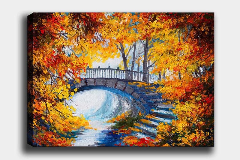 Lærred 70x100 cm - Smuk bro omgivet af efterårsfarvede træer og blade, Orange / Gul / Blå