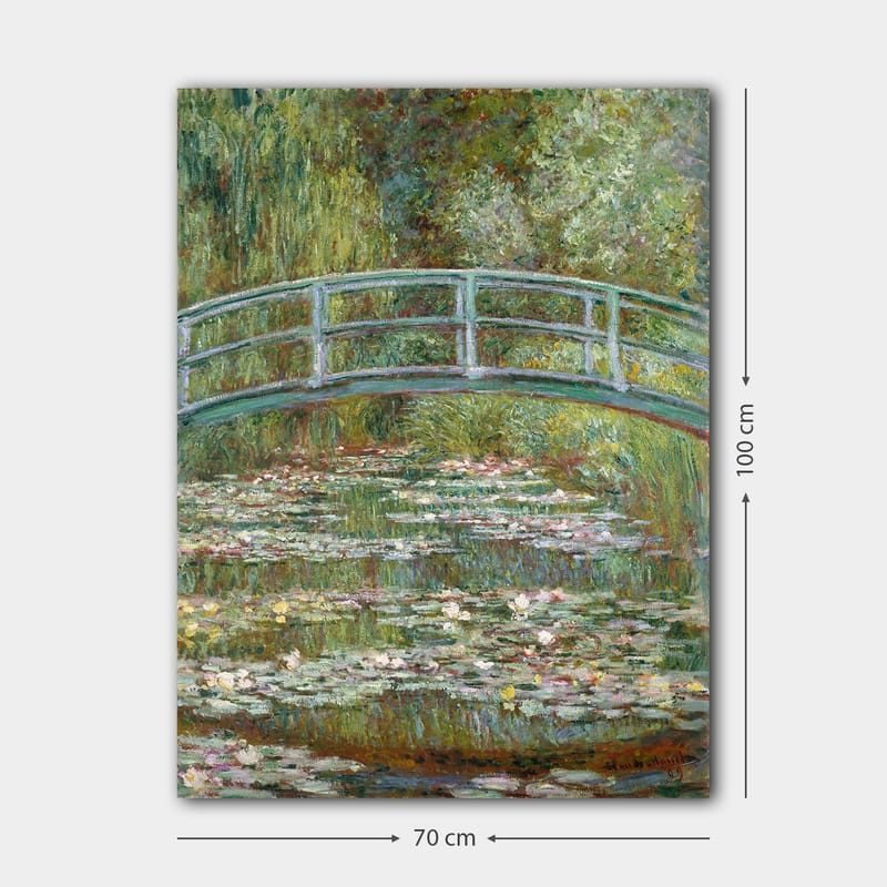 Lærred 70x100 cm - Smuk bro over en dam med åkander i frodige omgivelser - Grøn / Blå / Hvid - Boligtilbehør - Billeder & kunst - Billeder på lærred