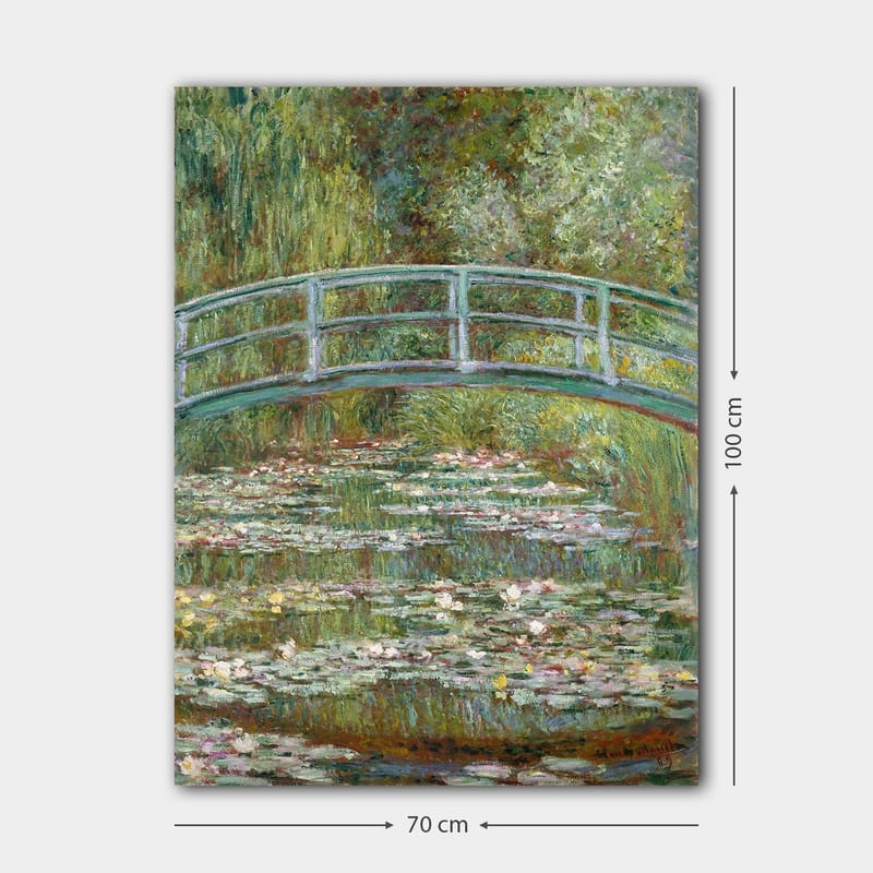 Lærred 70x100 cm - Smuk bro over en dam med åkander i frodige omgivelser - Grøn / Blå / Hvid - Boligtilbehør - Billeder & kunst - Billeder på lærred