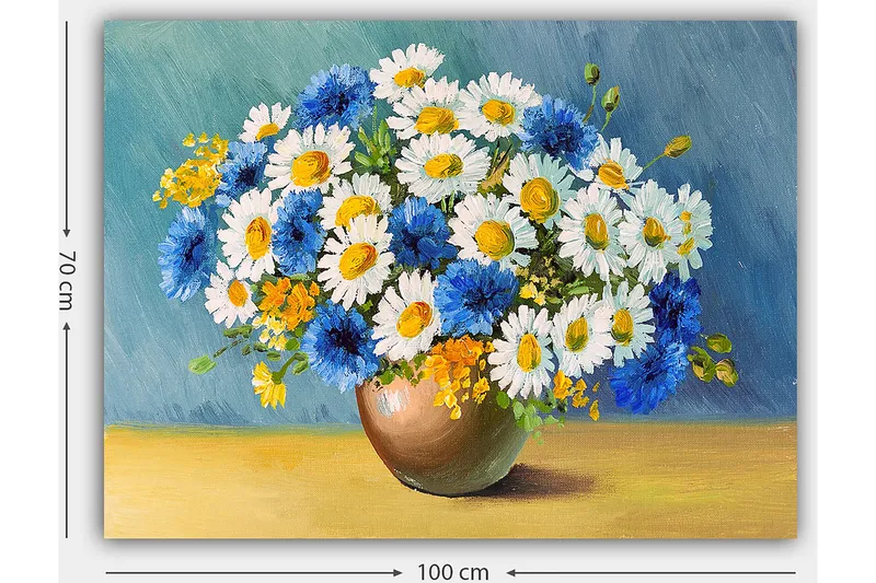 Lærred 70x100 cm - Smuk buket af blå og hvide blomster i en brun vase - Blå / Hvid / Gul - Boligtilbehør - Billeder & kunst - Billeder på lærred
