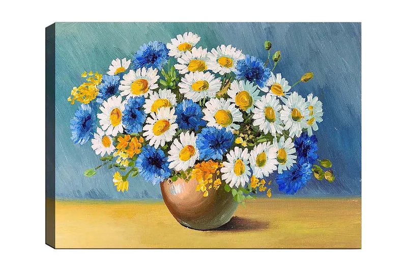 Lærred 70x100 cm - Smuk buket af blå og hvide blomster i en brun vase, Blå / Hvid / Gul