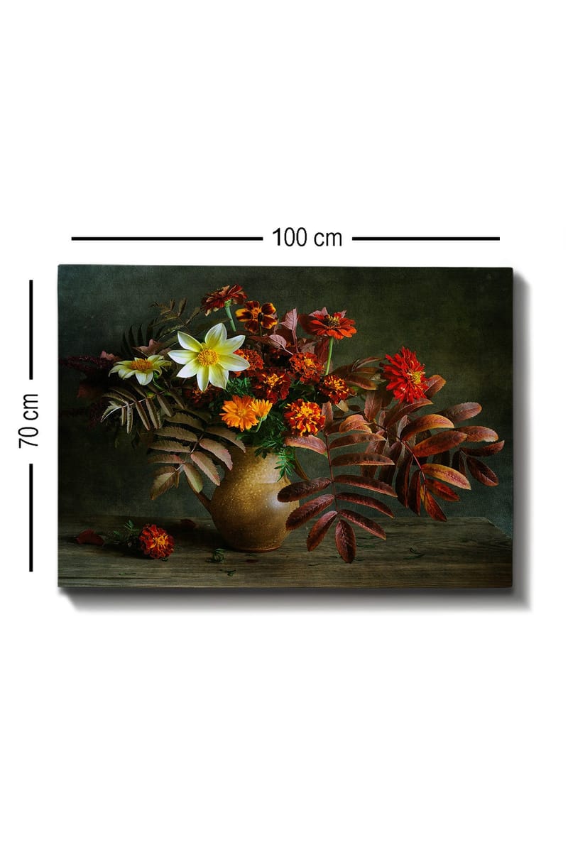 Lærred 70x100 cm - Smuk buket af farverige blomster og blade i en keramikvase - Hvid / Orange / Rød - Boligtilbehør - Billeder & kunst - Billeder på lærred