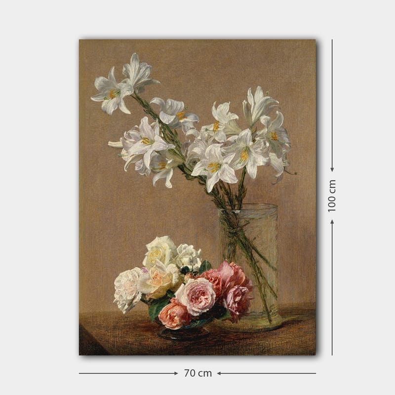 Lærred 70x100 cm - Smuk buket af hvide liljer og roser i forskellige nuancer i en glasvase - Hvid / Pink / Grøn - Boligtilbehør - Billeder & kunst - Billeder på lærred