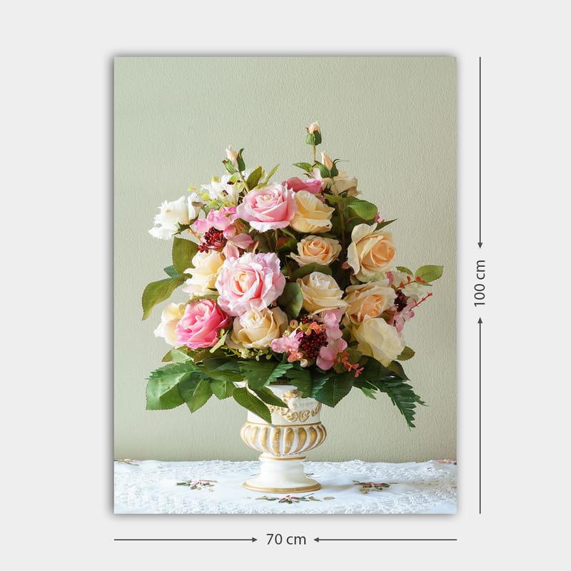 Lærred 70x100 cm - Smuk buket af lyserøde og gule roser i en dekorativ vase - Lyserød / Gul / Grøn - Boligtilbehør - Billeder & kunst - Billeder på lærred